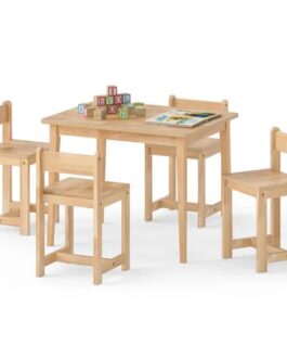 Kids Wooden Table And Chairs Set (1 Table + 4 Chairs), Rubber Wood Toddler Activity Set (Natural)