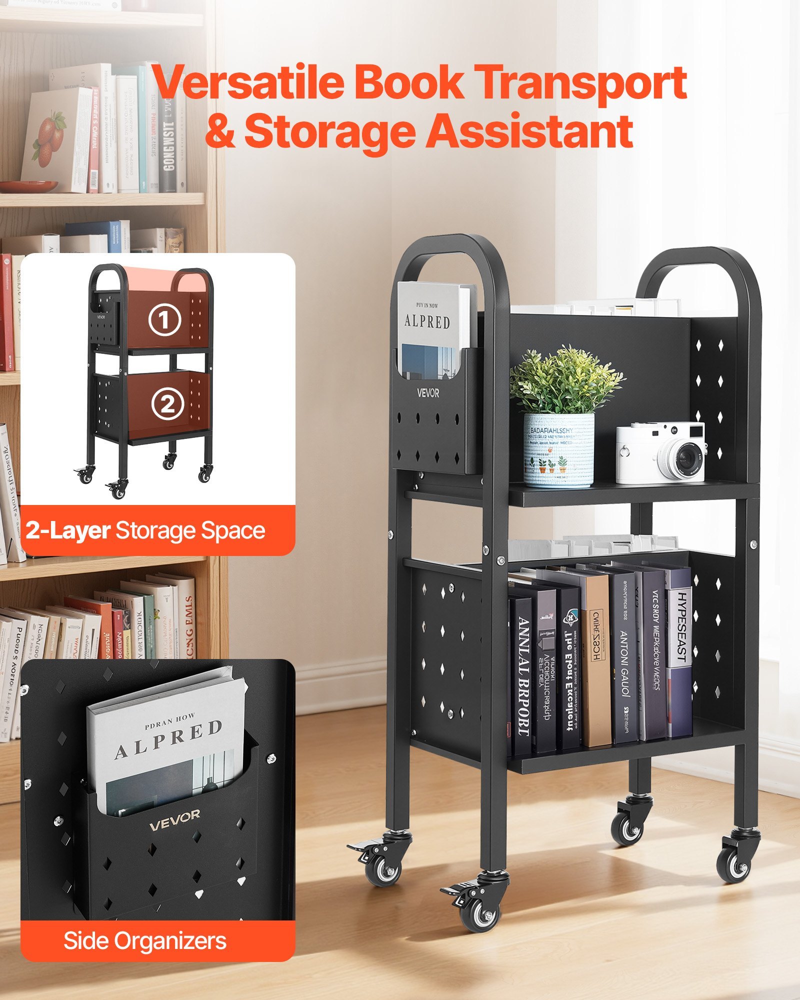 2-Tier Rolling Book Cart Double Sided L-Shaped Shelves Book Truck In Black - Image 5